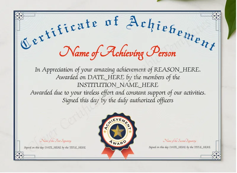 Achievement Certificate Alt presented in a sleek wooden frame, elegantly arranged on a stylish table.