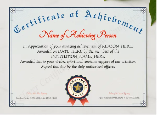 Achievement Certificate Alt presented in a sleek wooden frame, elegantly arranged on a stylish table.
