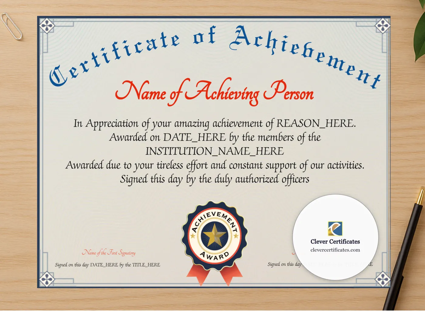 Professional preview of Achievement Certificate Alt certificate on high-quality stationery paper, ideal for showcasing the final look.