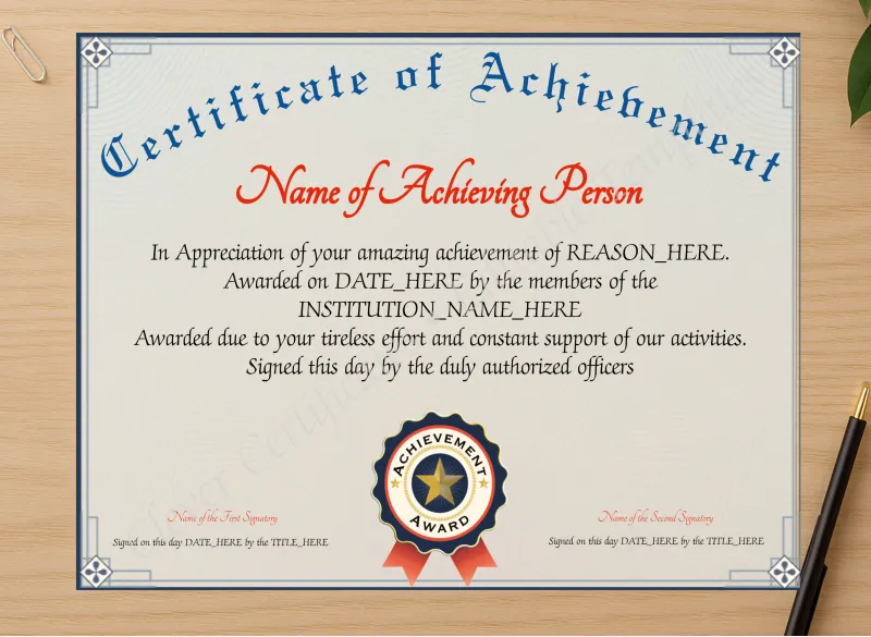 Professional preview of Achievement Certificate Alt certificate on high-quality stationery paper, ideal for showcasing the final look.