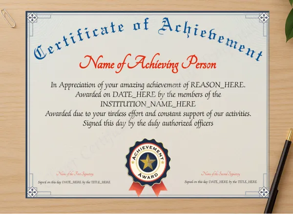 Professional preview of Achievement Certificate Alt certificate on high-quality stationery paper, ideal for showcasing the final look.
