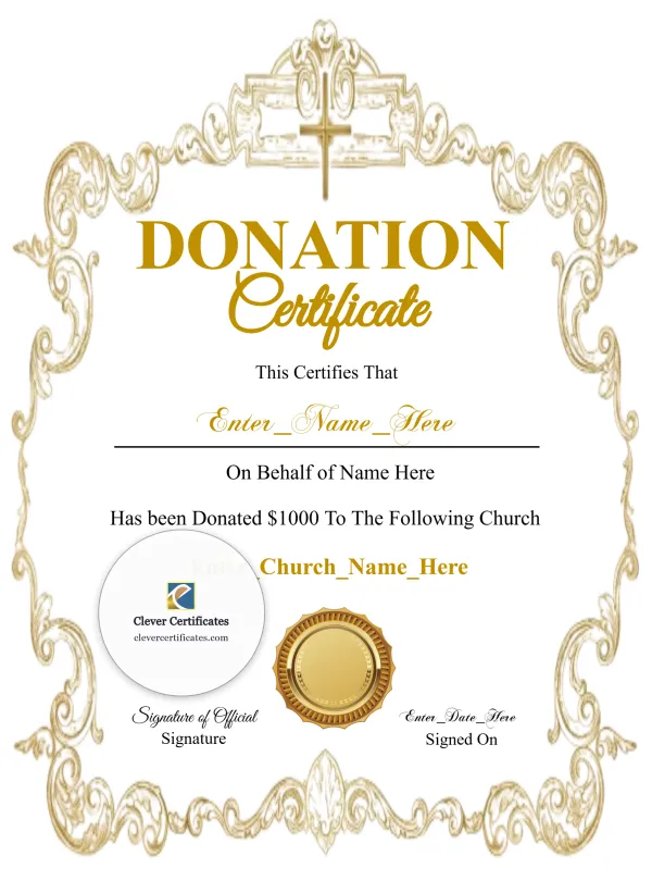 Free Church Donation Certificate — Gold Church Filigree Portrait