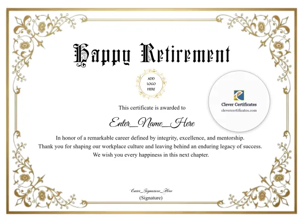 Free Retirement Certificate — Gold Floral Frame Landscape