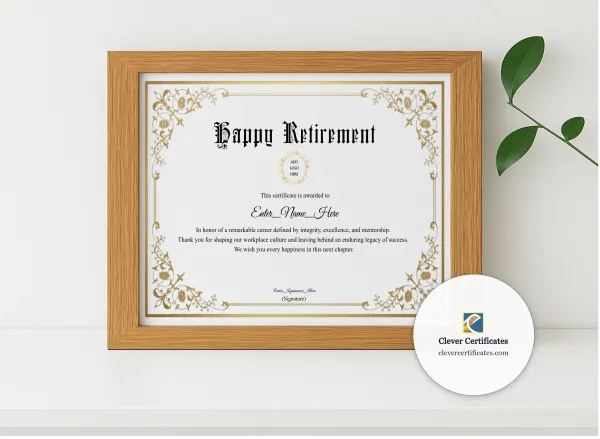 Realistic mockup featuring Retirement Certificate Classic Gold Landscape displayed within a modern frame, set against a minimalistic background.
