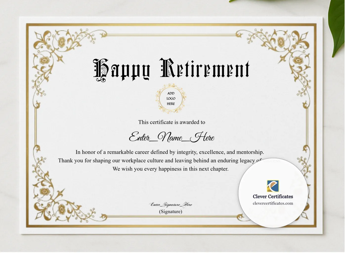 Retirement Certificate Classic Gold Landscape presented in a sleek wooden frame, elegantly arranged on a stylish table.