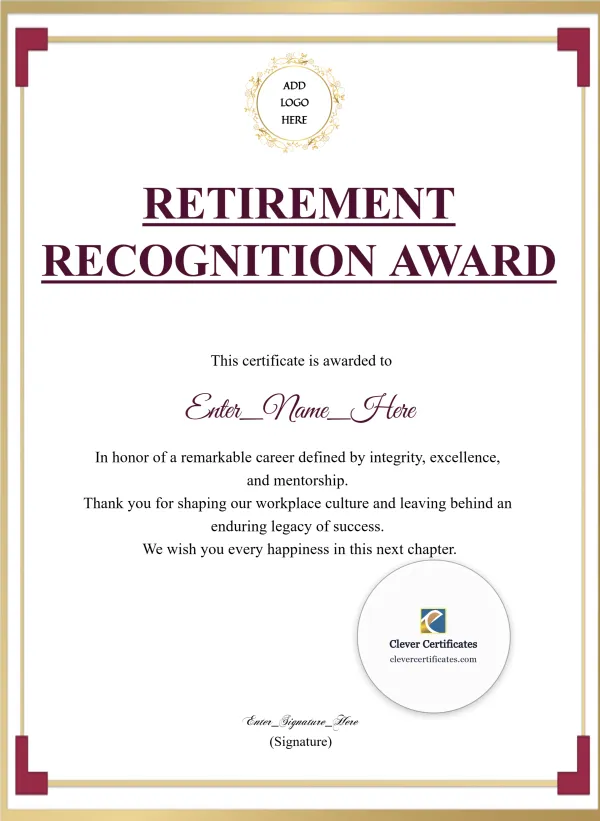 Retirement Certificate Classic Gold Portrait — Certificate Template Preview