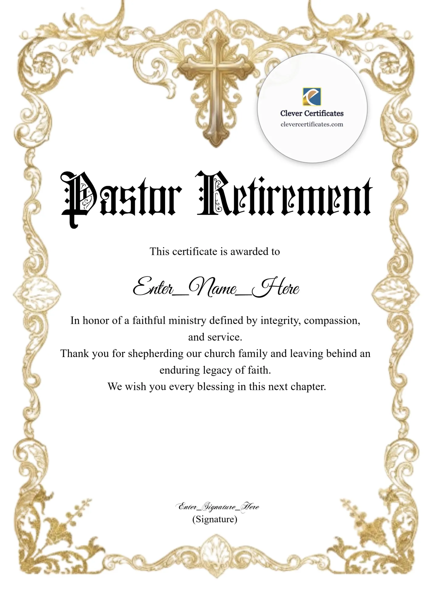 Pastor Retirement Certificate Classic Gold Portrait — Certificate Template Preview