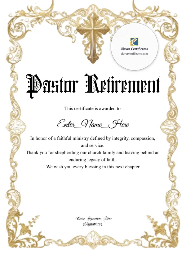Free Pastor Retirement Certificate — Gold Filigree And Cross Portrait