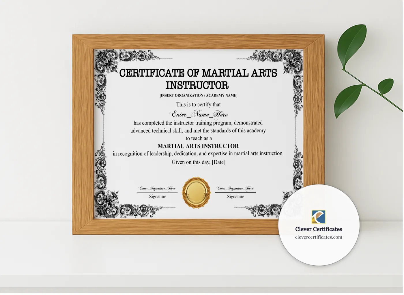 Realistic mockup featuring Martial Arts Instructor Certificate Black And Gold Landscape displayed within a modern frame, set against a minimalistic background.