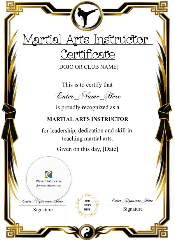 Martial Arts Instructor Certificate Black And Gold Portrait — Certificate Template Preview