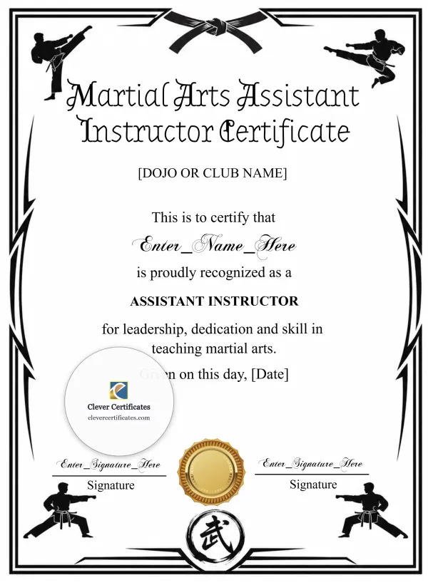 Martial Arts Assistant Instructor Certificate Black And Gold Portrait — Certificate Template Preview