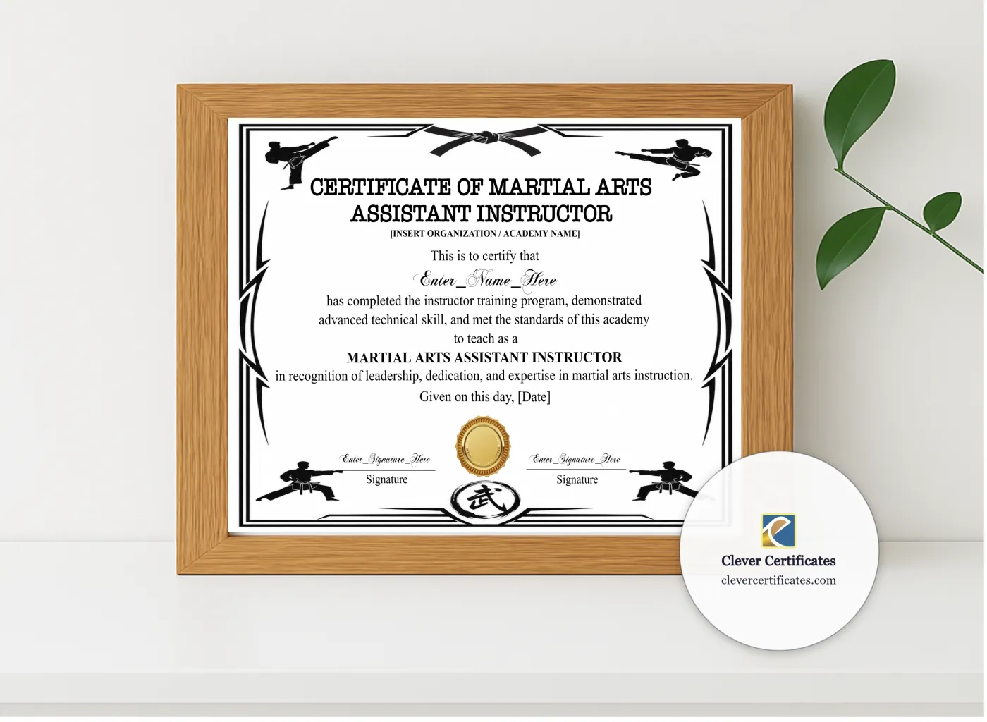 Realistic mockup featuring Martial Arts Assistant Instructor Certificate Black And Gold Landscape displayed within a modern frame, set against a minimalistic background.