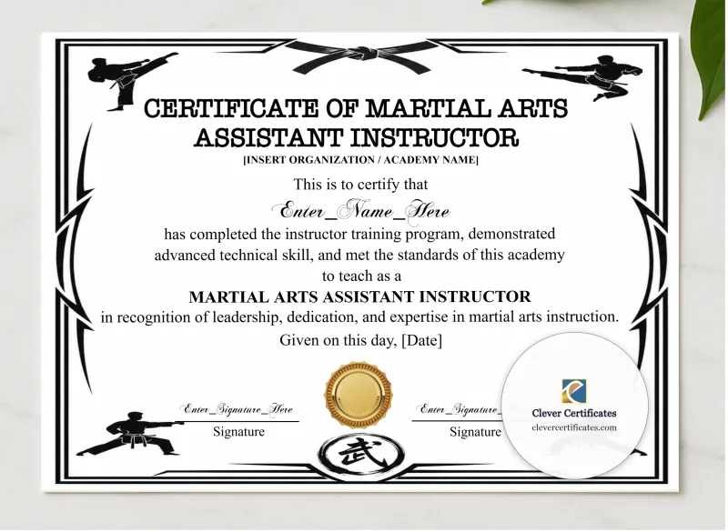 Martial Arts Assistant Instructor Certificate Black And Gold Landscape presented in a sleek wooden frame, elegantly arranged on a stylish table.