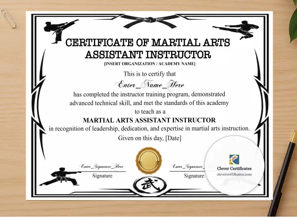 Professional preview of Martial Arts Assistant Instructor Certificate Black And Gold Landscape certificate on high-quality stationery paper, ideal for showcasing the final look.