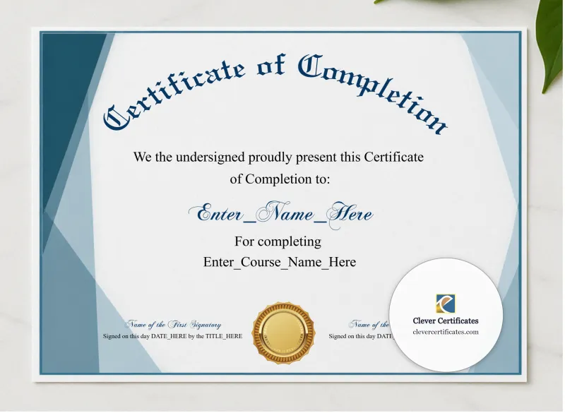 Course Completion Certificate Blue Filigree Formal Landscape presented in a sleek wooden frame, elegantly arranged on a stylish table.