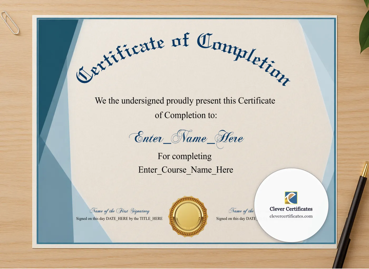 Professional preview of Course Completion Certificate Blue Filigree Formal Landscape certificate on high-quality stationery paper, ideal for showcasing the final look.