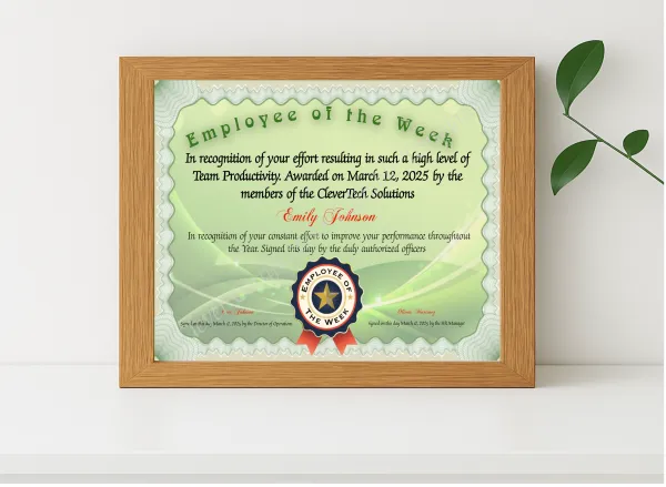 Realistic mockup featuring Employee Of The Week displayed within a modern frame, set against a minimalistic background.