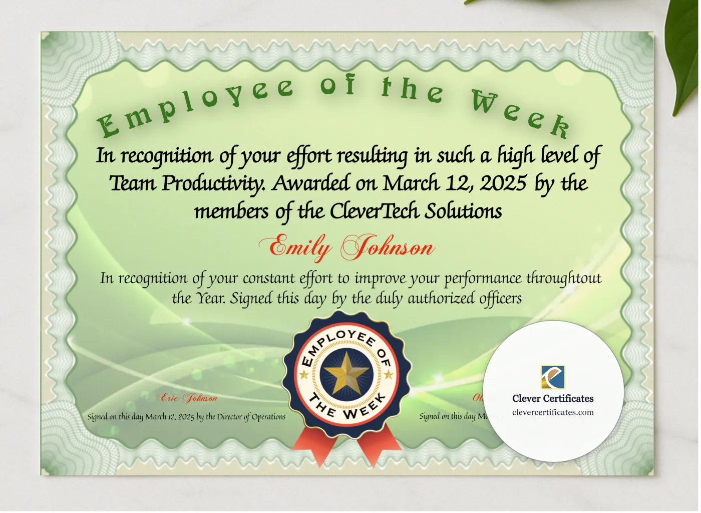 Employee Of The Week presented in a sleek wooden frame, elegantly arranged on a stylish table.