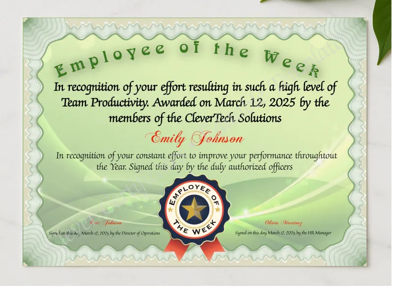 Employee Of The Week presented in a sleek wooden frame, elegantly arranged on a stylish table.