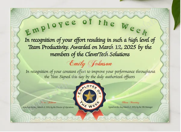 Employee Of The Week presented in a sleek wooden frame, elegantly arranged on a stylish table.