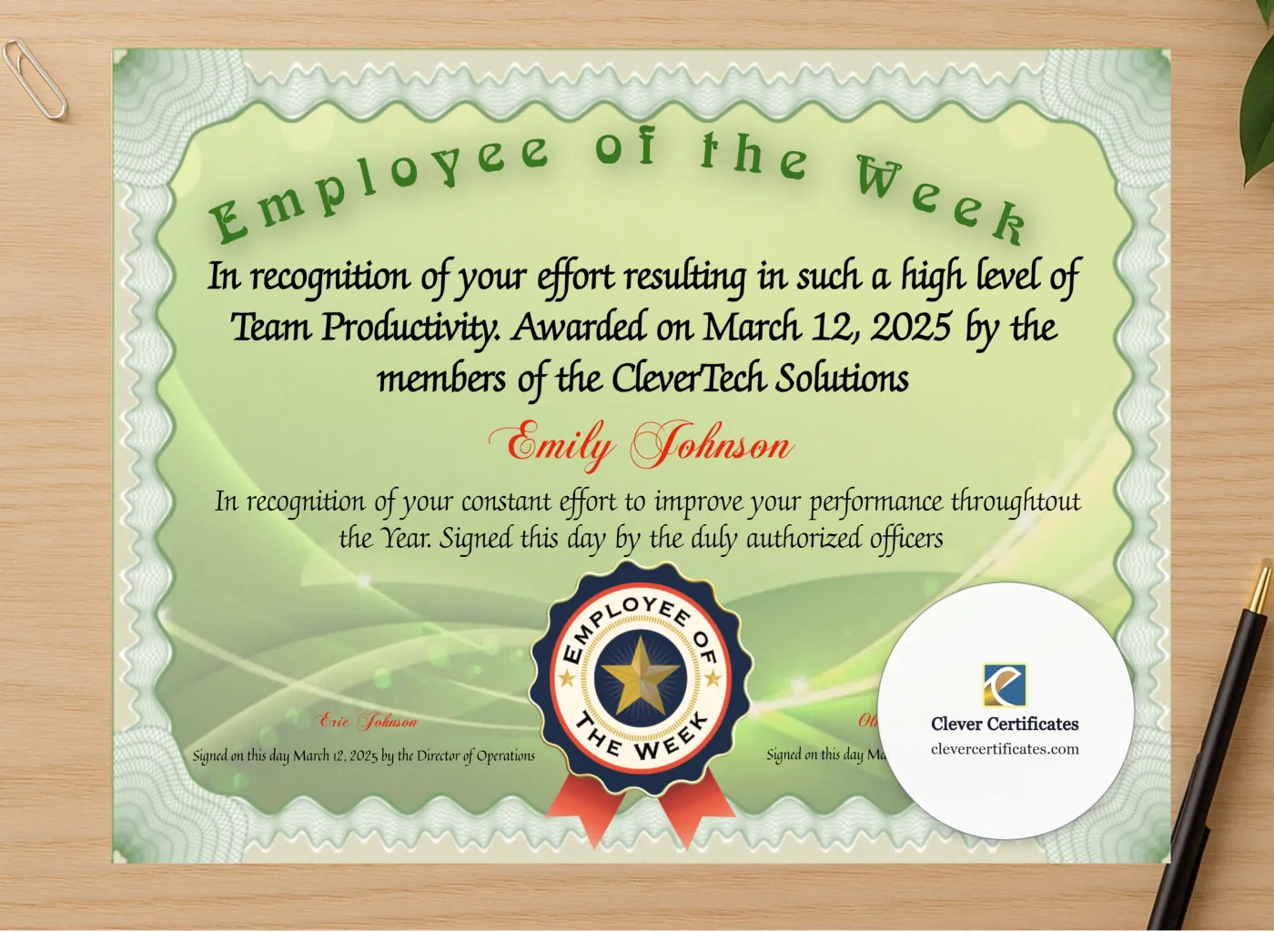 Professional preview of Employee Of The Week certificate on high-quality stationery paper, ideal for showcasing the final look.
