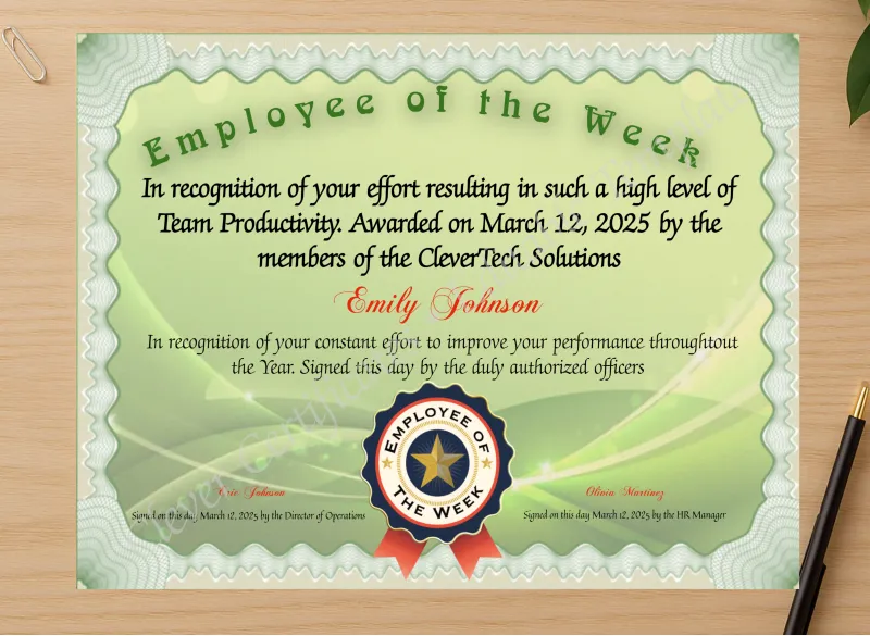 Professional preview of Employee Of The Week certificate on high-quality stationery paper, ideal for showcasing the final look.