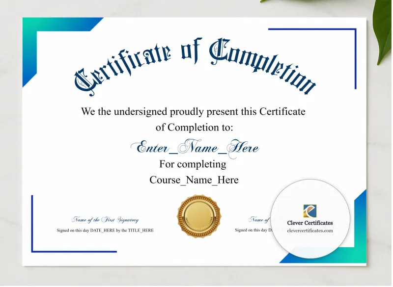 Training Completion Certificate Blue Filigree Formal Landscape presented in a sleek wooden frame, elegantly arranged on a stylish table.