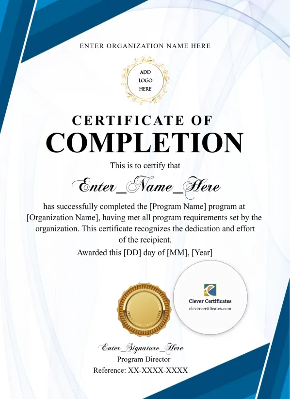 Training Completion Certificate Blue Filigree Formal Portrait — Certificate Template Preview
