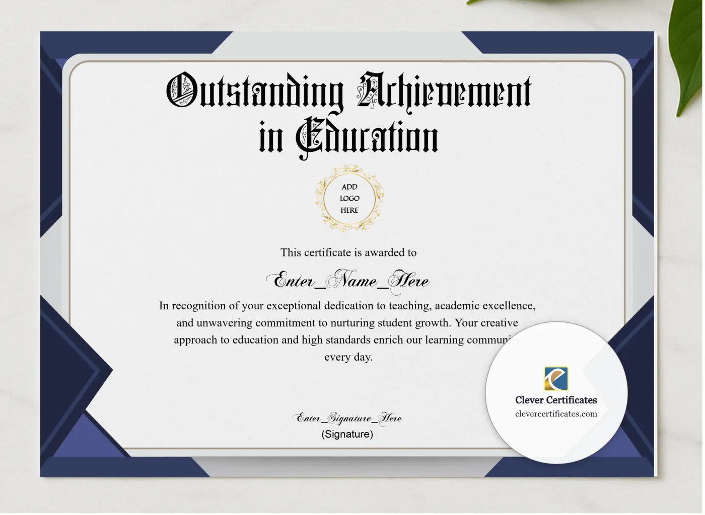Certificate Of Achievement Blue Filigree Formal Landscape presented in a sleek wooden frame, elegantly arranged on a stylish table.