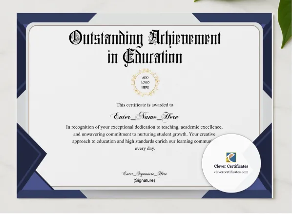 Certificate Of Achievement Blue Filigree Formal Landscape presented in a sleek wooden frame, elegantly arranged on a stylish table.