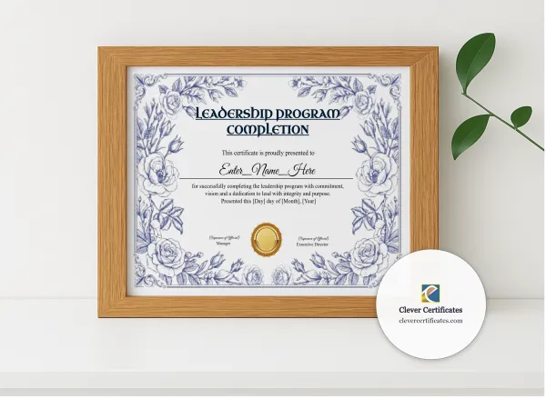 Realistic mockup featuring Leadership Program Completion Certificate Blue Filigree Formal Landscape displayed within a modern frame, set against a minimalistic background.