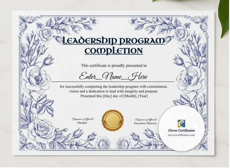 Leadership Program Completion Certificate Blue Filigree Formal Landscape presented in a sleek wooden frame, elegantly arranged on a stylish table.