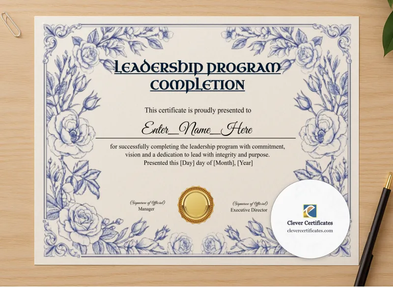 Professional preview of Leadership Program Completion Certificate Blue Filigree Formal Landscape certificate on high-quality stationery paper, ideal for showcasing the final look.