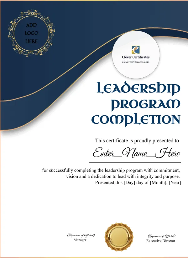 Leadership Program Completion Certificate Blue Filigree Formal Portrait — Certificate Template Preview