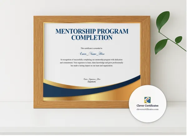 Realistic mockup featuring Mentorship Program Completion Certificate Blue Filigree Formal Landscape displayed within a modern frame, set against a minimalistic background.