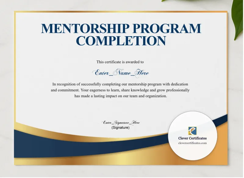 Mentorship Program Completion Certificate Blue Filigree Formal Landscape presented in a sleek wooden frame, elegantly arranged on a stylish table.