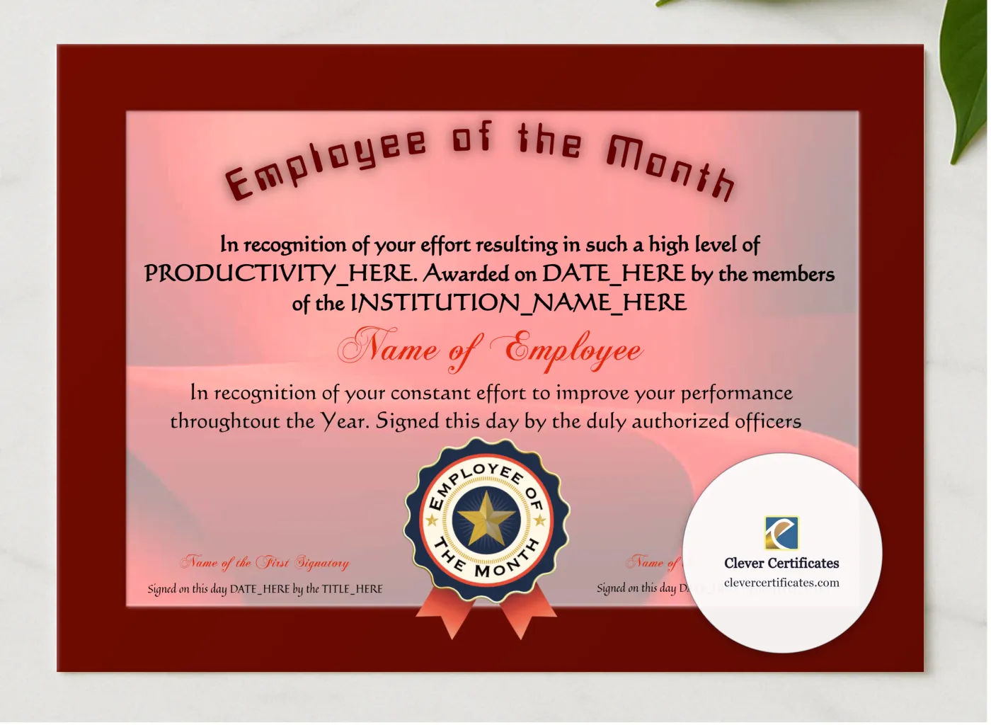 Employee Of The Month 3 presented in a sleek wooden frame, elegantly arranged on a stylish table.