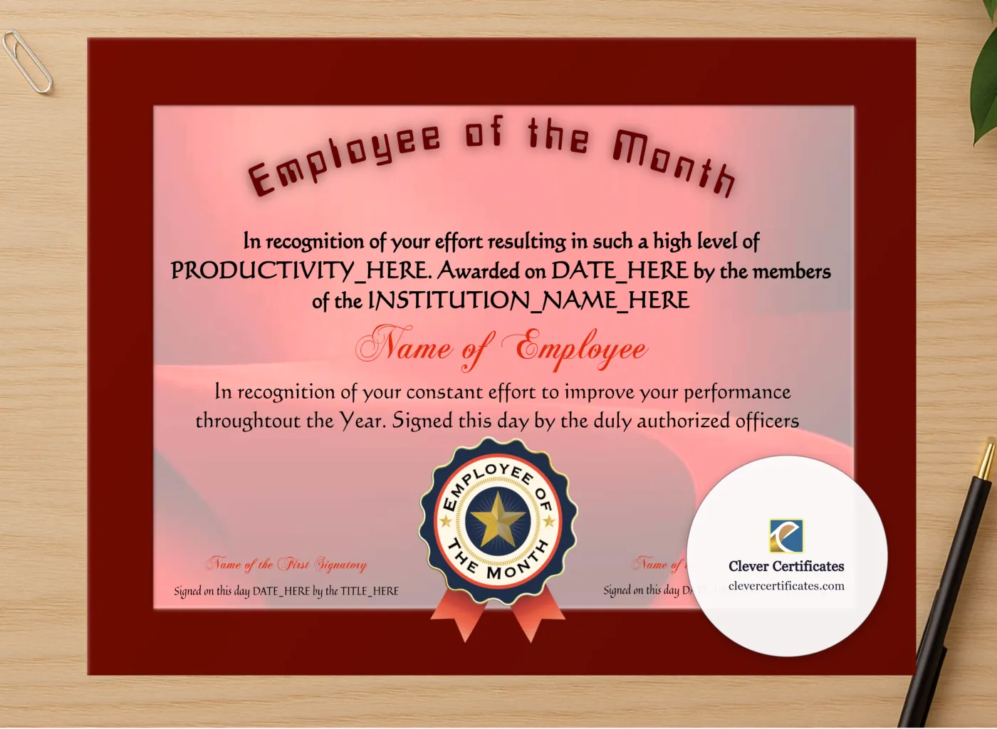 Professional preview of Employee Of The Month 3 certificate on high-quality stationery paper, ideal for showcasing the final look.