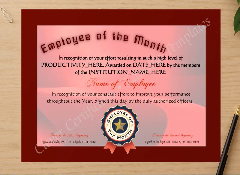 Professional preview of Employee Of The Month 3 certificate on high-quality stationery paper, ideal for showcasing the final look.