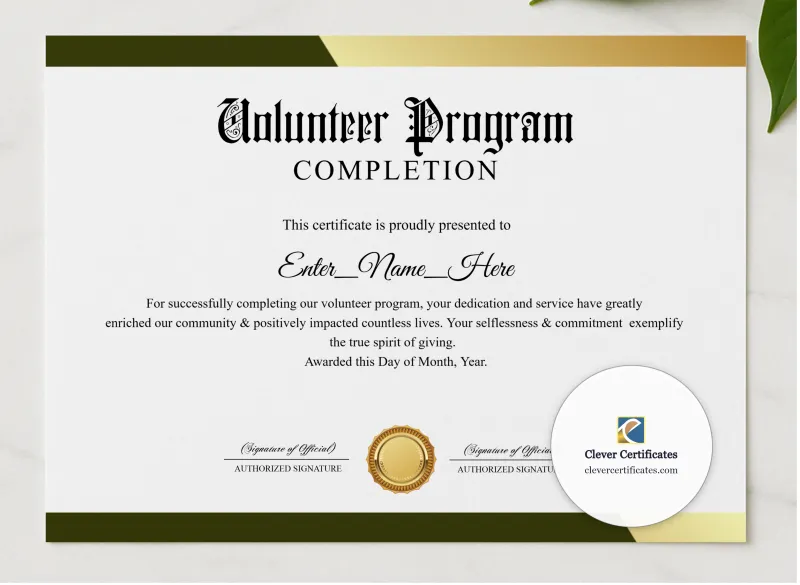 Volunteer Program Completion Certificate Blue Filigree Formal Landscape presented in a sleek wooden frame, elegantly arranged on a stylish table.
