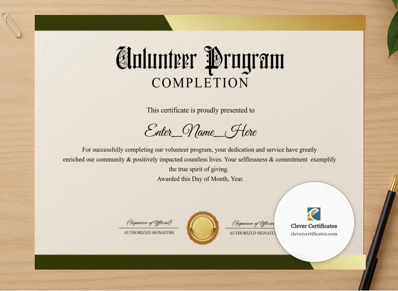 Professional preview of Volunteer Program Completion Certificate Blue Filigree Formal Landscape certificate on high-quality stationery paper, ideal for showcasing the final look.