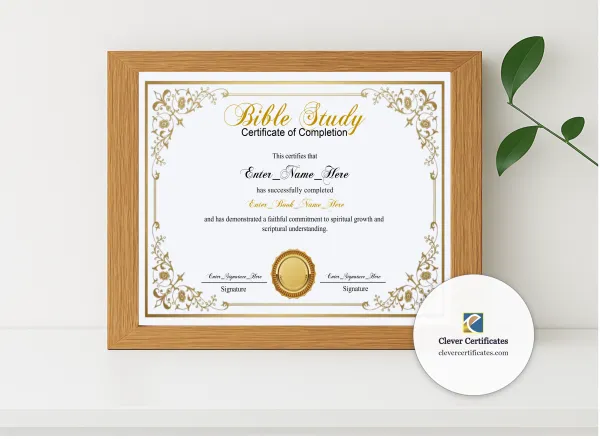 Realistic mockup featuring Bible Study Completion Certificate Blue Filigree Formal Landscape displayed within a modern frame, set against a minimalistic background.