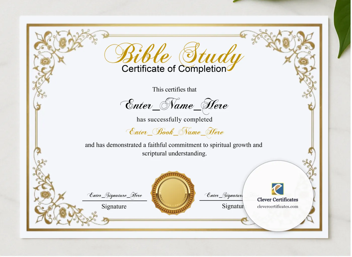 Bible Study Completion Certificate Blue Filigree Formal Landscape presented in a sleek wooden frame, elegantly arranged on a stylish table.