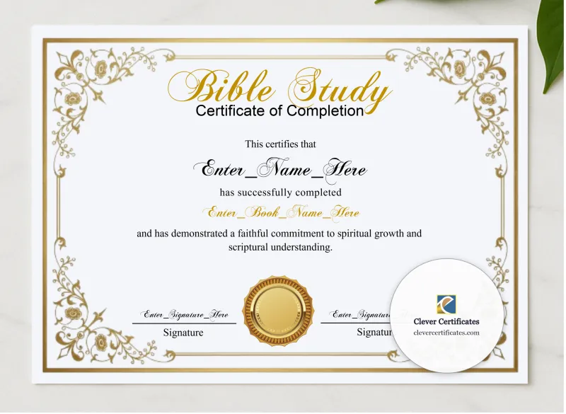 Bible Study Completion Certificate Blue Filigree Formal Landscape presented in a sleek wooden frame, elegantly arranged on a stylish table.