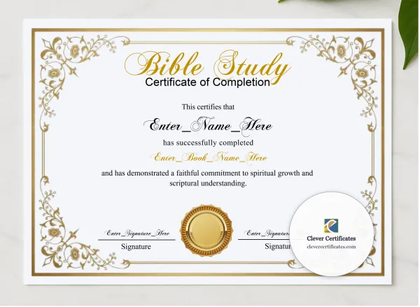 Bible Study Completion Certificate Blue Filigree Formal Landscape presented in a sleek wooden frame, elegantly arranged on a stylish table.