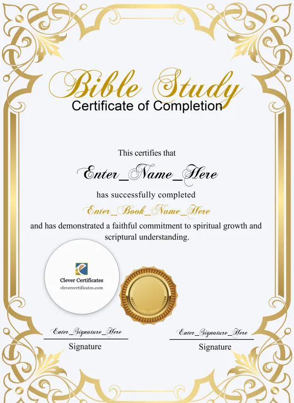 Bible Study Completion Certificate Blue Filigree Formal Portrait — Certificate Template Preview