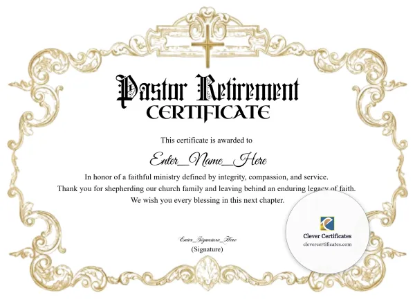 Free Pastor Retirement Certificate — Gold Church Filigree Landscape