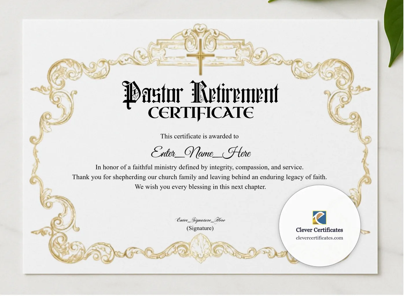 Pastor Retirement Certificate Classic Gold Landscape presented in a sleek wooden frame, elegantly arranged on a stylish table.
