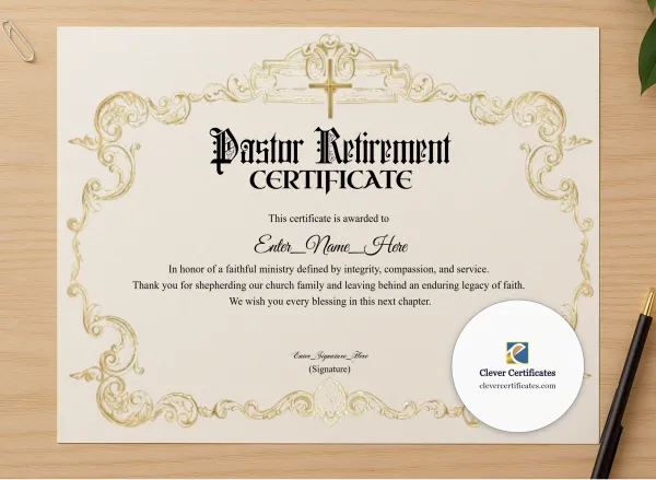 Professional preview of Pastor Retirement Certificate Classic Gold Landscape certificate on high-quality stationery paper, ideal for showcasing the final look.