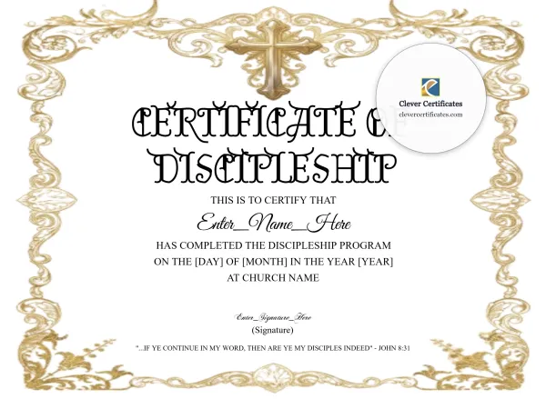 Free Discipleship Program Completion Certificate — Gold Filigree And Cross Landscape